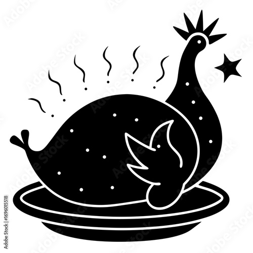 Black and White Roasted Chicken Illustration for Thanksgiving Holiday Celebration and Delicious Food