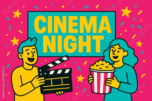 Cinema Night banner flat vector illustration bold oversized text inside rectangular frame cartoon characters holding clapper board and popcorn bright solid colors in neon magenta aqua mint.