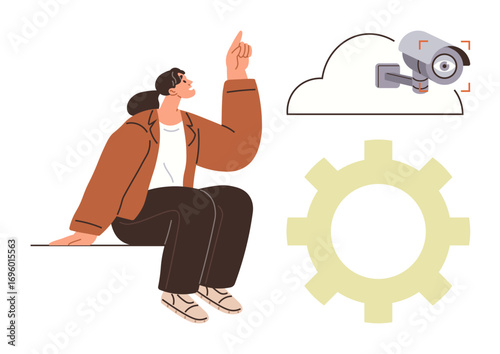 Woman gestures towards cloud-based security system represented by a camera, cloud, and gear element. Ideal for technology, data security, cloud solutions, privacy, automation, innovation system