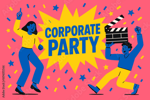 Corporate Party banner flat vector illustration bold oversized text inside splash explosion cartoon characters dancing with clapper board bright solid colors in flamingo pink sapphire blue.