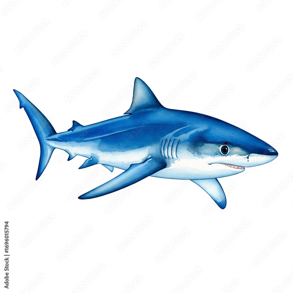 Fototapeta premium Blue Shark, watercolor, white background