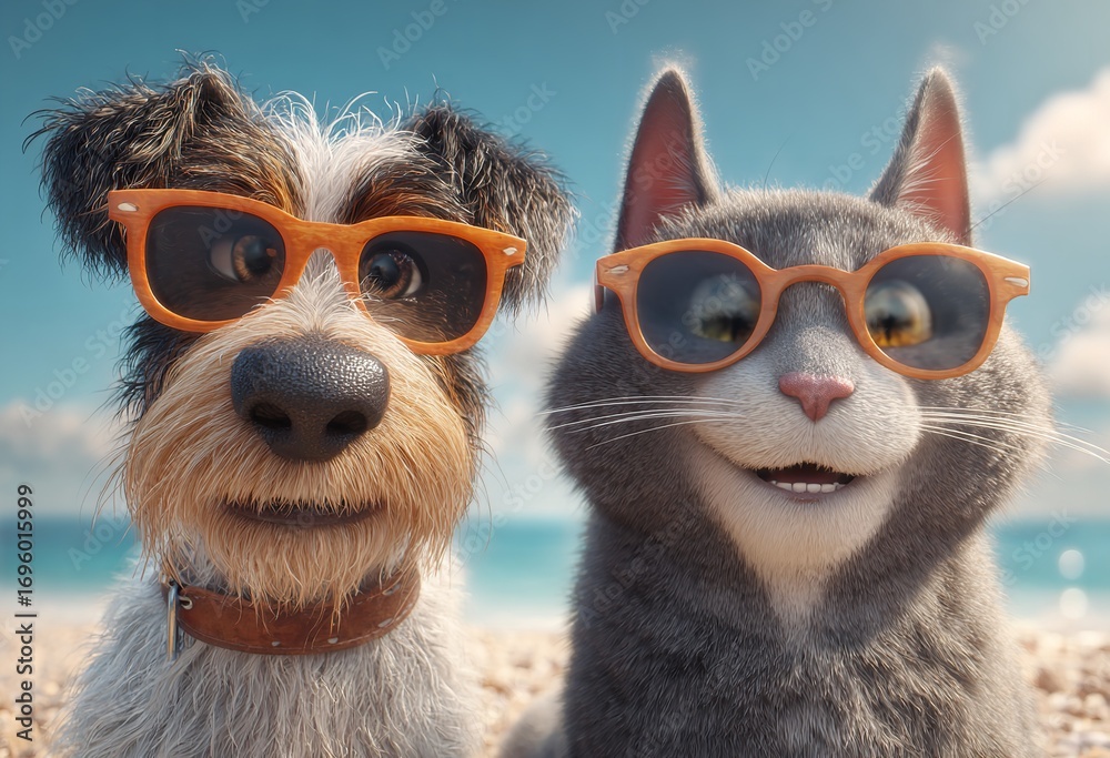 Fototapeta premium Cute dog and cat wearing sunglasses on the beach, colorful summer illustration with blue sky, detailed artwork, and happy holiday vibe