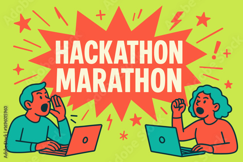 Hackathon Marathon banner flat vector illustration bold oversized text inside splash explosion cartoon characters shouting with laptops bright solid colors in neon scarlet lime sherbet aqua.