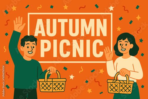 Autumn Picnic banner flat vector illustration bold oversized text inside rectangular frame cartoon characters waving with baskets bright solid colors in pumpkin orange emerald green ivory.