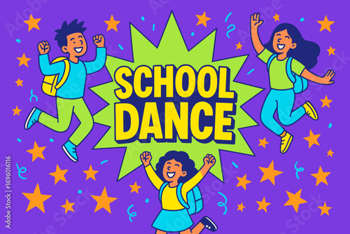 School Dance banner flat vector illustration bold oversized text inside splash explosion cartoon characters jumping with backpacks bright solid colors in neon violet lime sherbet bright.