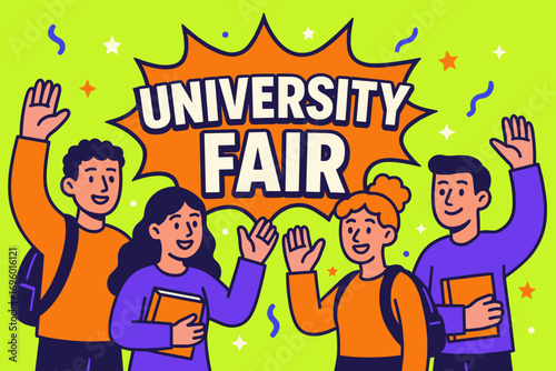 University Fair banner flat vector illustration bold oversized text inside comic burst cartoon characters waving with books and backpacks bright solid colors in neon lime indigo purple.