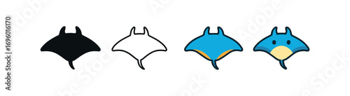 Vector icon manta ray same pose same proportions four styles black solid glyph outline minimal flat multicolor filled cartoon flat shaded.