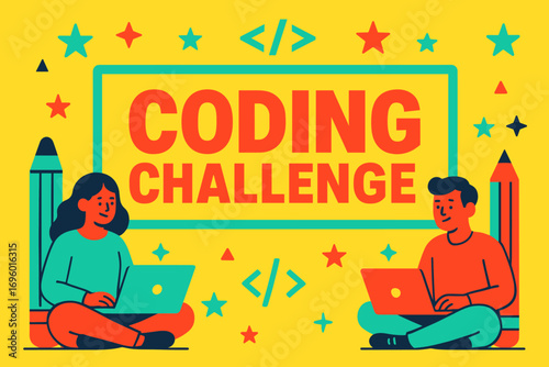 Coding Challenge banner flat vector illustration bold oversized text inside rectangular frame cartoon characters sitting with laptops and pencils bright solid colors in neon scarlet aqua.