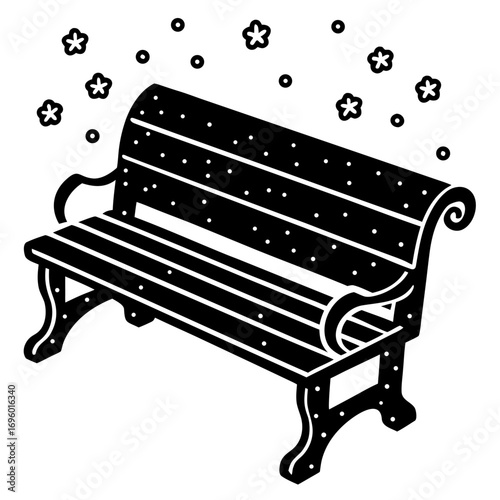 Monochrome Park Bench Silhouette Surrounded by Blossoming Flowers Vector Illustration Graphic Asset Design Element