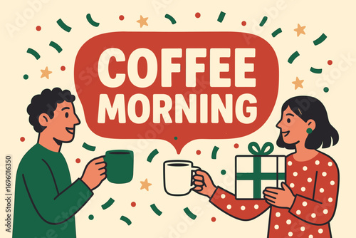 Coffee Morning banner flat vector illustration bold oversized text inside rounded blob cartoon characters holding mugs and gift boxes bright solid colors in ruby red ivory cream emerald.