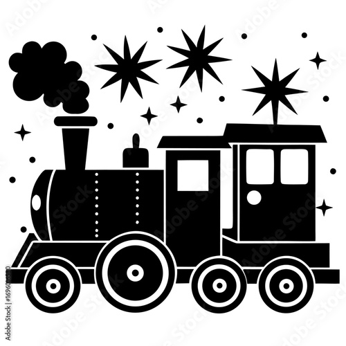 Whimsical Train Illustration with Stars and Smoke Puffs Black and White Retro Style Design