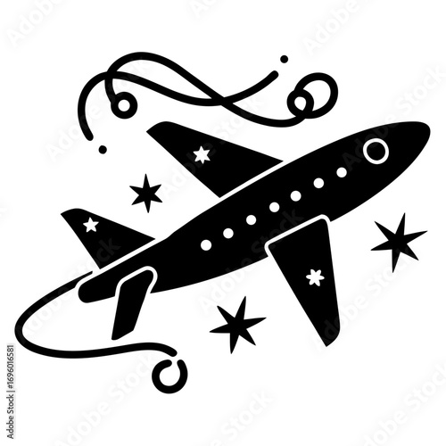 Black and White Airplane Illustration with Stars and Streamers for Travel and Celebration Concepts
