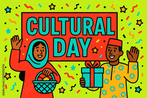 Cultural Day banner flat vector illustration bold oversized text inside rectangular frame cartoon characters waving with baskets and gift boxes bright solid colors in neon red vivid lime.