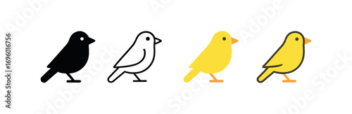 Vector icon canary bird same pose same proportions four styles black solid glyph outline minimal flat multicolor filled cartoon flat shaded.