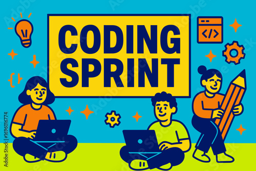 Coding Sprint banner flat vector illustration bold oversized text inside rectangular frame cartoon characters sitting with laptops and pencils bright solid colors in neon blue vivid lime.
