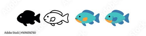 Vector icon parrotfish same pose same proportions four styles black solid glyph outline minimal flat multicolor filled cartoon flat shaded.