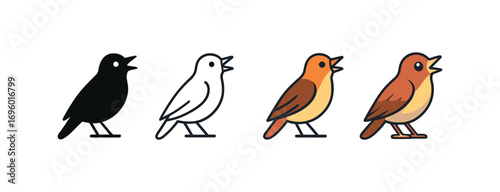 Vector icon nightingale bird same pose same proportions four styles black solid glyph outline minimal flat multicolor filled cartoon flat shaded.
