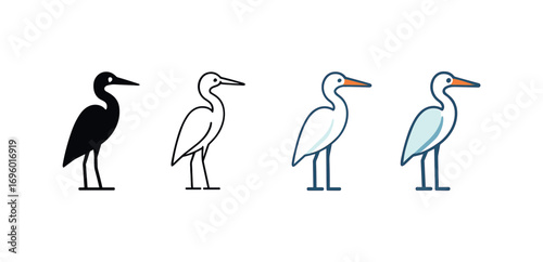 Vector icon egret bird same pose same proportions four styles black solid glyph outline minimal flat multicolor filled cartoon flat shaded.