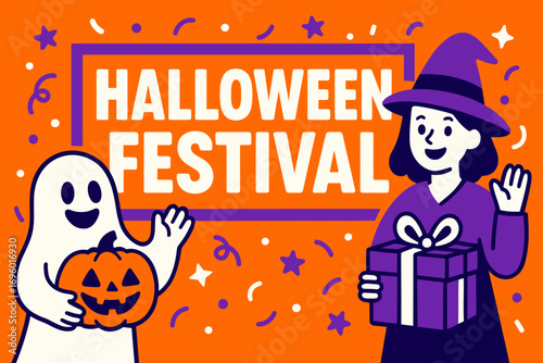 Halloween Festival banner flat vector illustration bold oversized text inside rectangular frame cartoon characters waving with pumpkins and gift boxes bright solid colors in neon orange.
