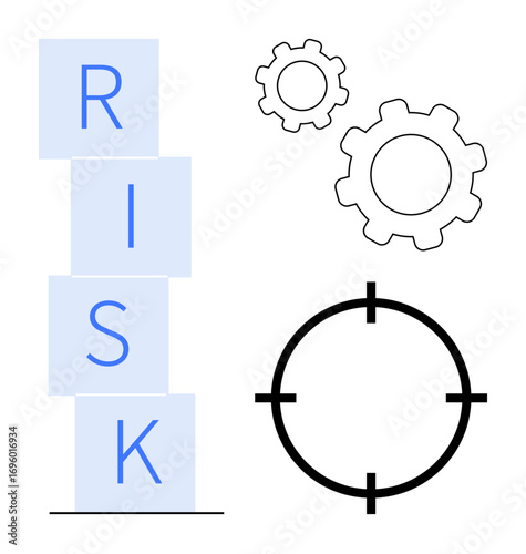Stacked blocks spelling RISK, two interconnected gears, and a target. Ideal for business strategy, risk analysis, goal setting, decision-making, innovation, planning and simple landing page