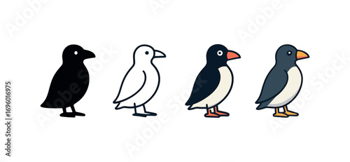 Vector icon auk bird same pose same proportions four styles black solid glyph outline minimal flat multicolor filled cartoon flat shaded.
