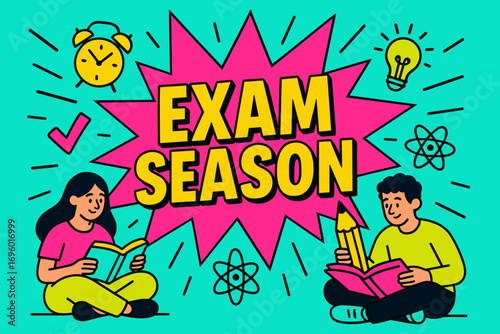Exam Season banner flat vector illustration bold oversized text inside splash explosion cartoon characters sitting with books and pencils bright solid colors in neon pink vivid turquoise.