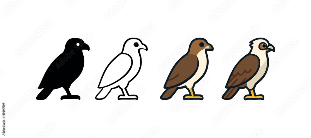 Fototapeta premium Vector icon osprey bird same pose same proportions four styles black solid glyph outline minimal flat multicolor filled cartoon flat shaded.