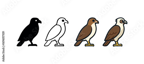 Vector icon osprey bird same pose same proportions four styles black solid glyph outline minimal flat multicolor filled cartoon flat shaded.