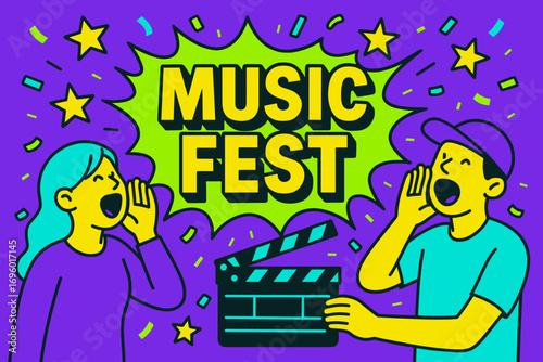 Music Fest banner flat vector illustration bold oversized text inside comic burst cartoon characters shouting with clapper board bright solid colors in neon purple vivid lime hot cyan high.