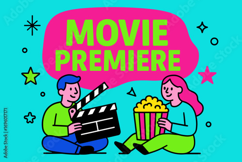 Movie Premiere banner flat vector illustration bold oversized text inside rounded blob cartoon characters sitting with clapper board and popcorn bright solid colors in neon magenta vivid.
