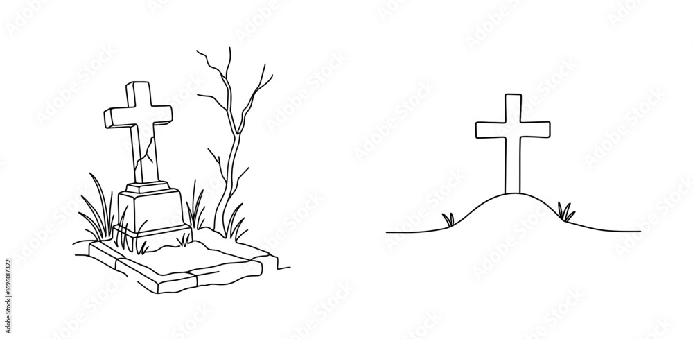 Fototapeta premium Set of illustrations featuring a grave cross and an abandoned grave in linear drawing style 