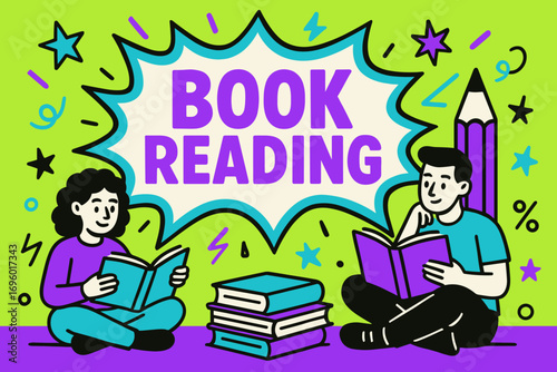 Book Reading banner flat vector illustration bold oversized text inside comic burst cartoon characters sitting with pencils and books bright solid colors in neon green vivid purple hot cyan.