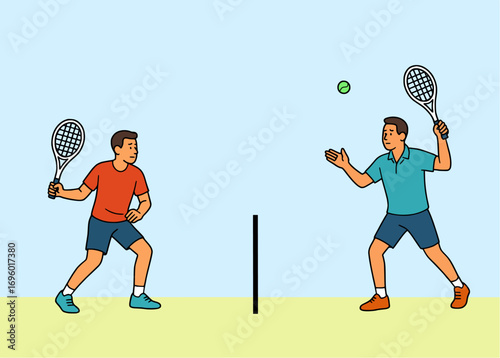 Two men playing tennis engaging in a dynamic match with racquets and ball