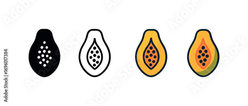 Vector icon papaya fruit same pose same proportions four styles black solid glyph outline minimal flat multicolor filled cartoon flat shaded.