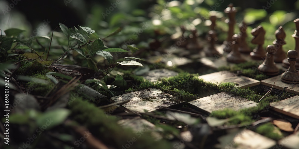 Fototapeta premium Chess game in nature photography chessboard with moss and greenery outdoor strategy board game concept