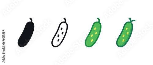 Vector icon cucumber vegetable same pose same proportions four styles black solid glyph outline minimal flat multicolor filled cartoon flat shaded.