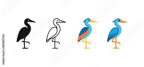 Vector icon heron bird same pose same proportions four styles black solid glyph outline minimal flat multicolor filled cartoon flat shaded.