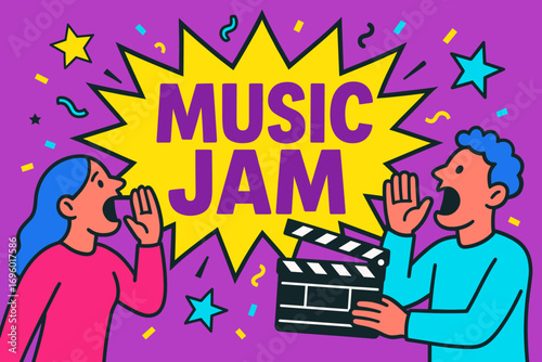 Music Jam banner flat vector illustration bold oversized text inside comic burst cartoon characters shouting with clapper board bright solid colors in neon vivid purple hot cyan high.