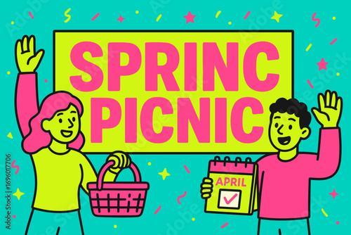 Spring Picnic banner flat vector illustration bold oversized text inside rectangular frame cartoon characters waving with baskets and calendars bright solid colors in neon turquoise vivid.