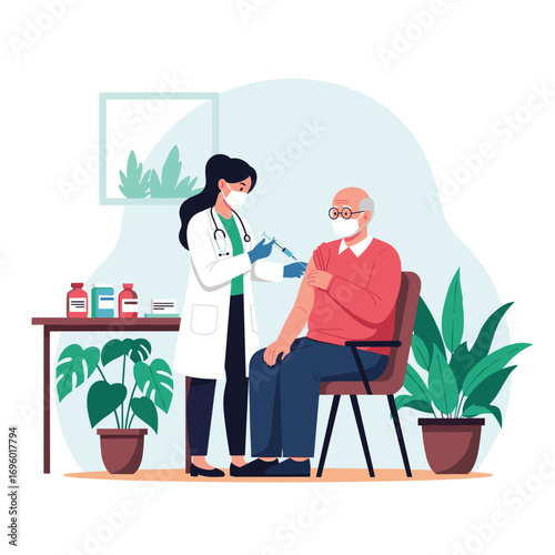 Elderly man receiving vaccine from healthcare professional in medical clinic vector illustration