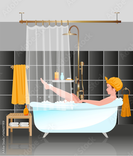 Woman relaxing in a bathtub with bubbles and towels in a modern bathroom vector illustration