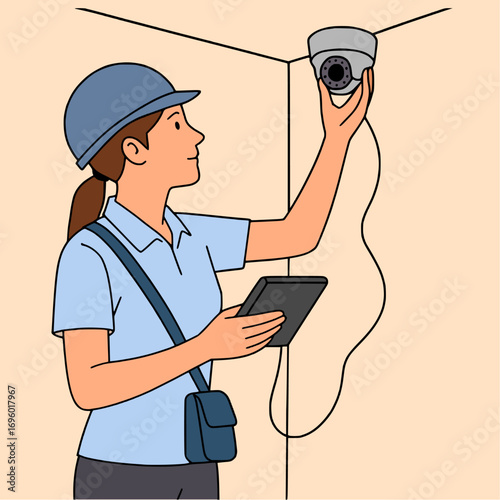 Woman technician inspects security camera system with tablet in professional illustration