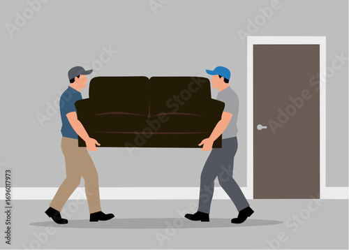 Professional movers carrying large furniture through a doorway vector illustration