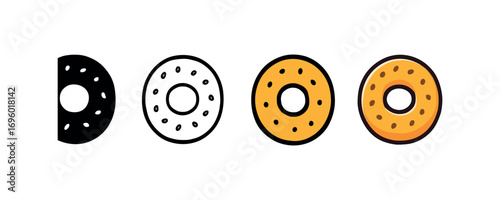 Vector icon bagel bread same pose same proportions four styles black solid glyph outline minimal flat multicolor filled cartoon flat shaded.