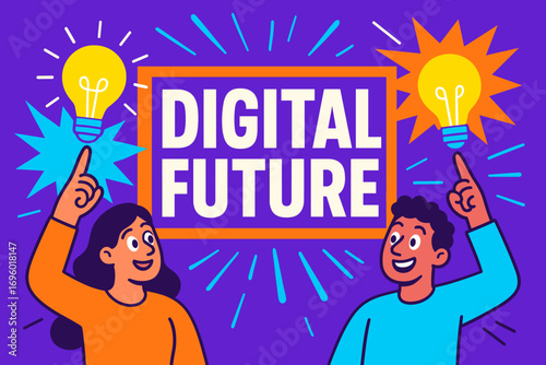 Digital Future banner flat vector illustration bold oversized text inside rectangular frame cartoon characters pointing with light bulbs bright solid colors in neon purple vivid orange.