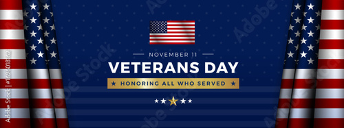 Veterans Day blue patriotic background with the US flag and Honoring all who served typography on gold - design for Veterans Day banners, email, web header - vector illustration