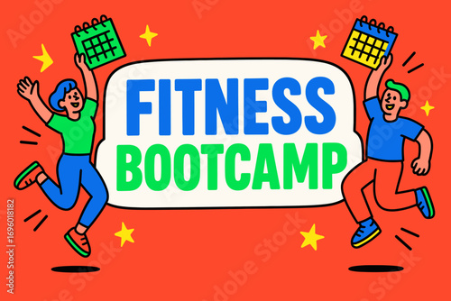 Fitness Bootcamp banner flat vector illustration bold oversized text inside outline cartoon characters jumping with calendars bright solid colors in neon red vivid green electric blue high.