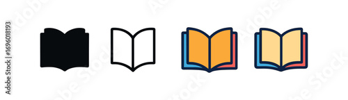 Vector icon open book same pose same proportions four styles black solid glyph outline minimal flat multicolor filled cartoon flat shaded.