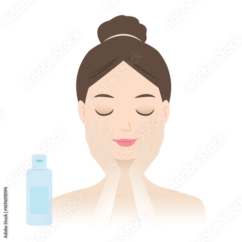 Cute cartoon woman applying facial toner with gentle hands vector illustration. Skincare routine, beauty, cosmetic product, healthy skin treatment, self care concept for refreshing and hydrating skin.