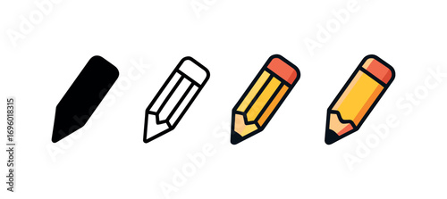 Vector icon pencil sharpened same pose same proportions four styles black solid glyph outline minimal flat multicolor filled cartoon flat shaded.